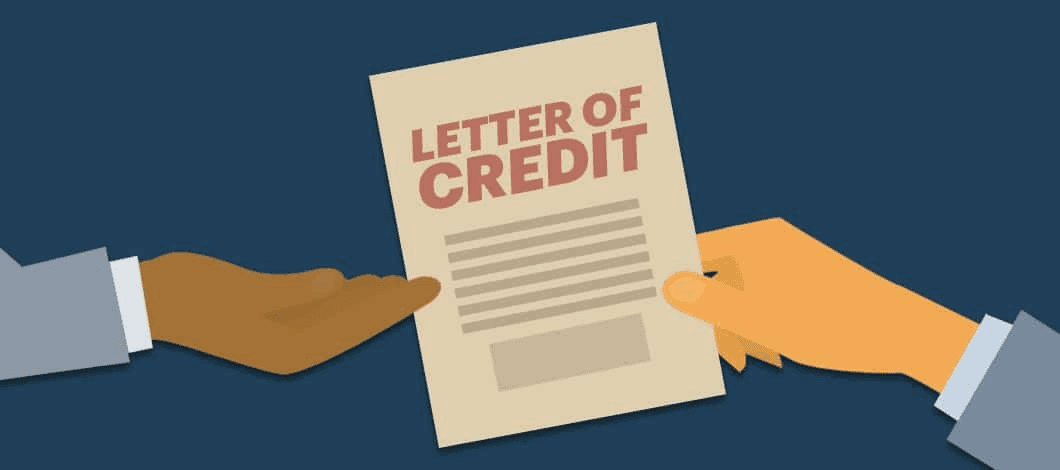 Illustration of two hands exchanging a document titled 'Letter of Credit', representing a trade finance transaction between two parties.